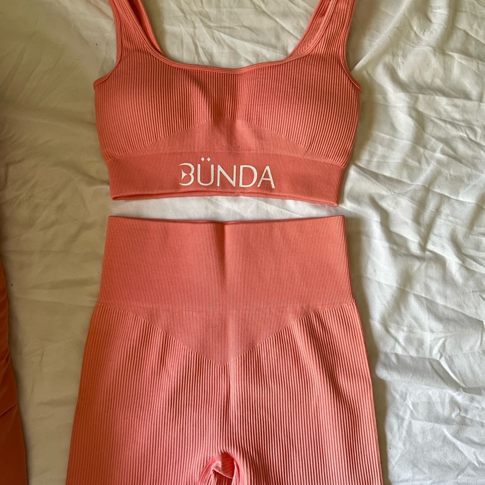 Coral Ribbed Sports Bra and High-Waisted Shorts Set